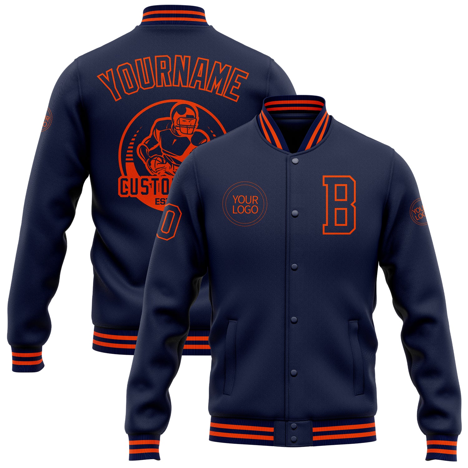 Personalized Navy Orange Bomber Jacket for Men, Full-Snap Varsity Letterman Personalized Navy Orange Bomber Full-Snap Varsity
