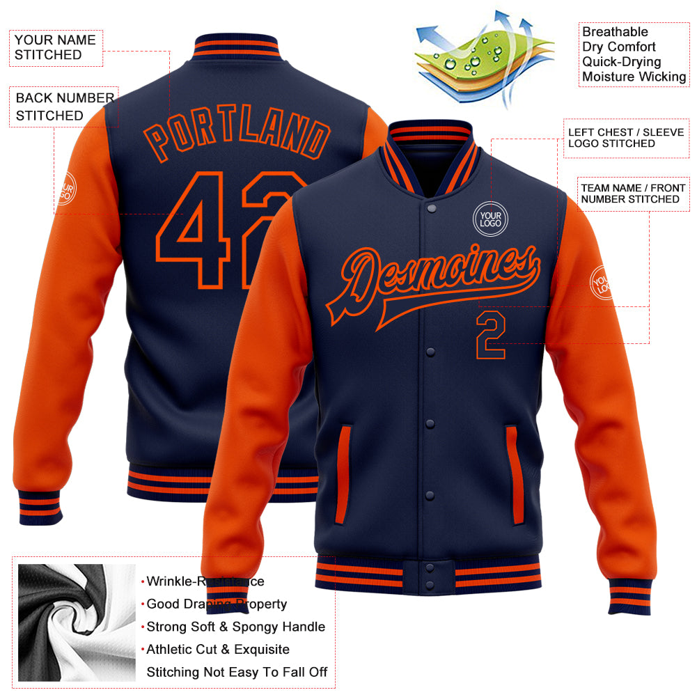 Personalized Navy Orange Bomber Full-Snap Varsity Letterman Two Tone Jacket Team Custom Name and Number Custom Team Name Number Navy Orange Two Tone Bomber Full-Snap Varsity Letterman Jacket Personalized Navy Orange Bomber Full-Snap - Image 3