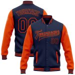 Custom Team Name Number Navy Orange Two Tone Bomber Full-Snap Varsity Letterman Jacket Personalized Navy Orange Bomber Full-Snap