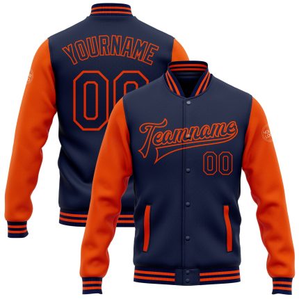Custom Team Name Number Navy Orange Two Tone Bomber Full-Snap Varsity Letterman Jacket Personalized Navy Orange Bomber Full-Snap
