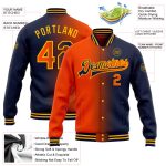 Custom Team Name Number Navy Orange Gold Gradient Bomber Varsity Full-Snap Jacket Personalized Navy Orange-Gold Bomber Full-Snap