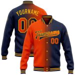 Custom Team Name Number Navy Orange Gold Gradient Bomber Varsity Full-Snap Jacket Personalized Navy Orange-Gold Bomber Full-Snap