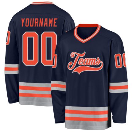 Custom Name Number Hockey Jersey - Personalized Navy Orange Gray Team Jersey Personalized Navy Orange-Gray Hockey Jersey