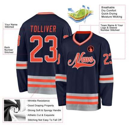 Custom Name Number Hockey Jersey - Personalized Navy Orange Gray Team Jersey Personalized Navy Orange-Gray Hockey Jersey
