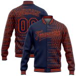 Custom Name Number Navy Orange Halftone 3D Pattern Bomber Varsity Letterman Jacket Personalized Navy Orange Halftone 3D Pattern