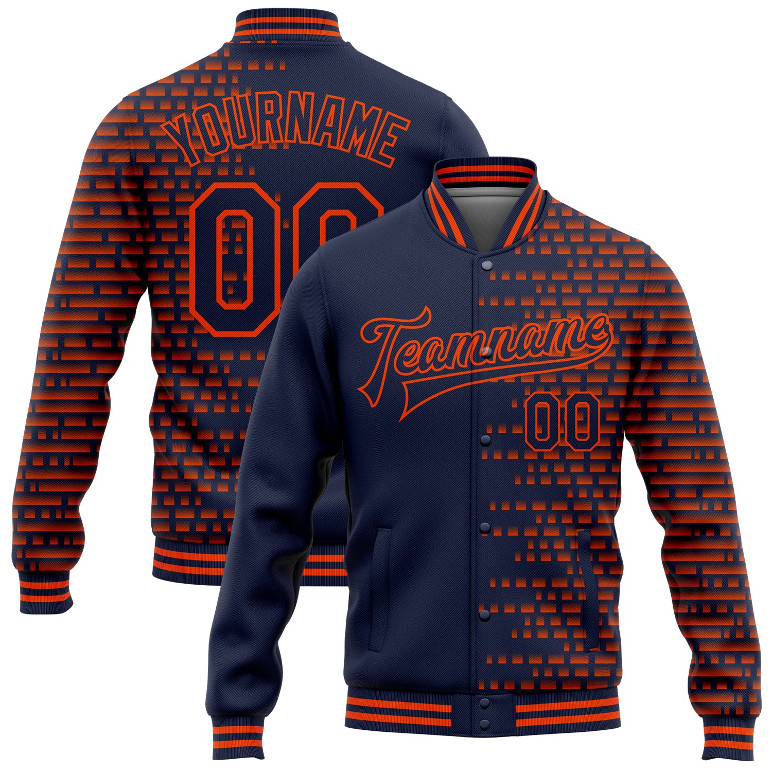 Custom Name Number Navy Orange Halftone 3D Pattern Bomber Varsity Letterman Jacket Personalized Navy Orange Halftone 3D Pattern