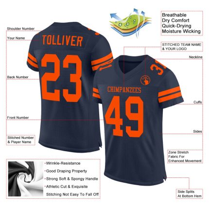 Personalized Custom Name Number Authentic Football Jersey - Navy Orange Mesh Team Personalized Navy Orange Mesh Authentic