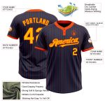 Custom navy, orange and gold pinstripe softball jersey, detail of the printed panel