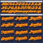 Custom navy, orange and gold pinstripe softball jersey, side view
