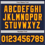 Custom navy, orange and gold pinstripe softball jersey, flat lay