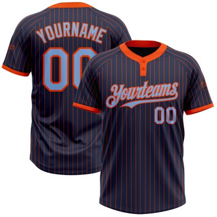 Custom Name & Number Softball Jersey - Personalized Navy Orange Pinstripe Light Blue Unisex Two-Button Design Personalized