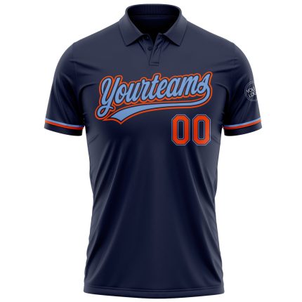 Custom Team Name Number Navy Orange Powder Blue Golf Polo Shirt Performance Personalized Navy Orange-Powder Blue Performance