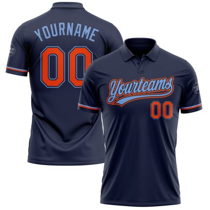 Custom Team Name Number Navy Orange Powder Blue Golf Polo Shirt Performance Personalized Navy Orange-Powder Blue Performance