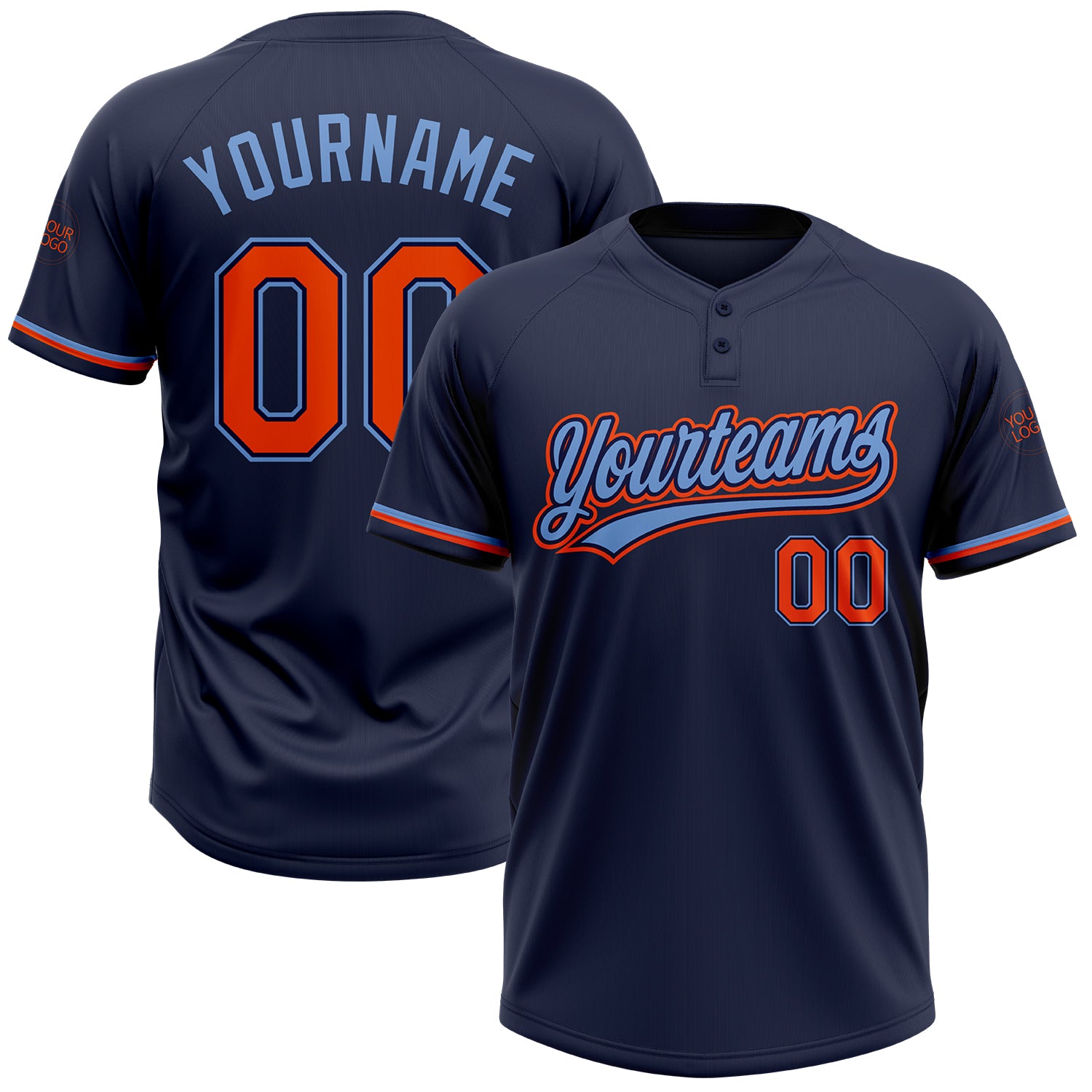 Custom Name and Number Softball Jersey - Personalized Unisex Two-Button in Navy, Orange, and Powder Blue Personalized Navy