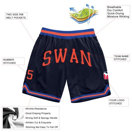 Custom Team Basketball Shorts with Name and Number - Personalized Navy Orange-Royal Authentic Throwback Style Personalized
