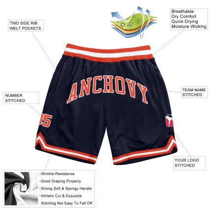 Personalized Custom Name and Number Authentic Navy Orange-White Basketball Shorts - Team Apparel Personalized Navy Orange-White
