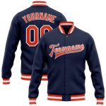 Custom Navy Orange-White Bomber Varsity Letterman Jacket with Personalized Name and Number Personalized Navy Orange-White