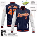 Custom Name and Number Two Tone Bomber Varsity Letterman Jacket - Personalized Navy Orange White Full-Snap Team Apparel Personalized