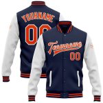 Custom Name and Number Two Tone Bomber Varsity Letterman Jacket - Personalized Navy Orange White Full-Snap Team Apparel Personalized