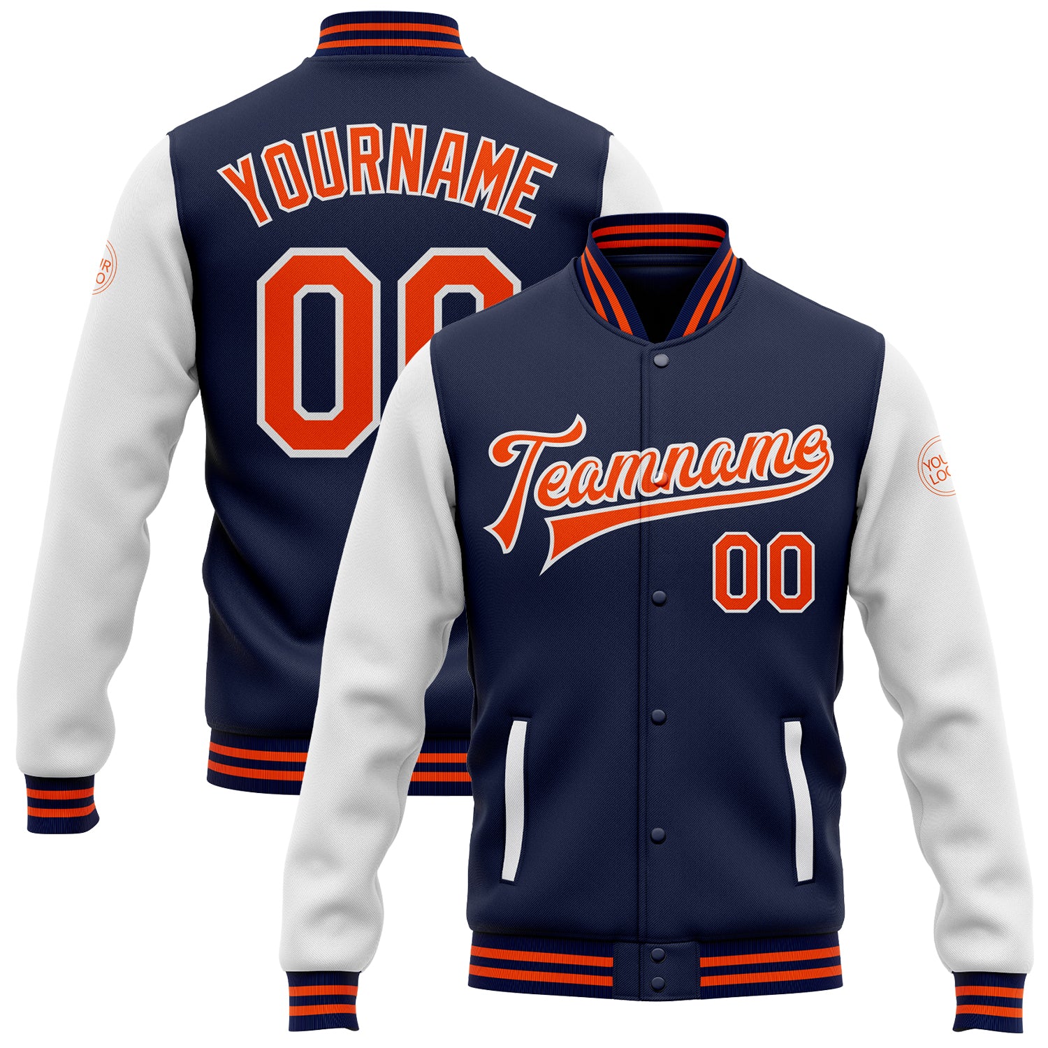 Custom Name and Number Two Tone Bomber Varsity Letterman Jacket - Personalized Navy Orange White Full-Snap Team Apparel Personalized