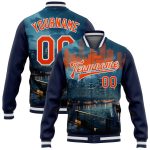 Custom Houston Texas 3D Bomber Varsity Jacket in Navy Orange-White with Personalized Name and Number - Full-Snap Letterman Jacket
