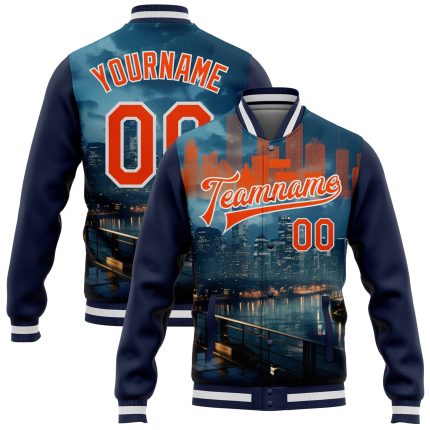 Custom Houston Texas 3D Bomber Varsity Jacket in Navy Orange-White with Personalized Name and Number - Full-Snap Letterman Jacket