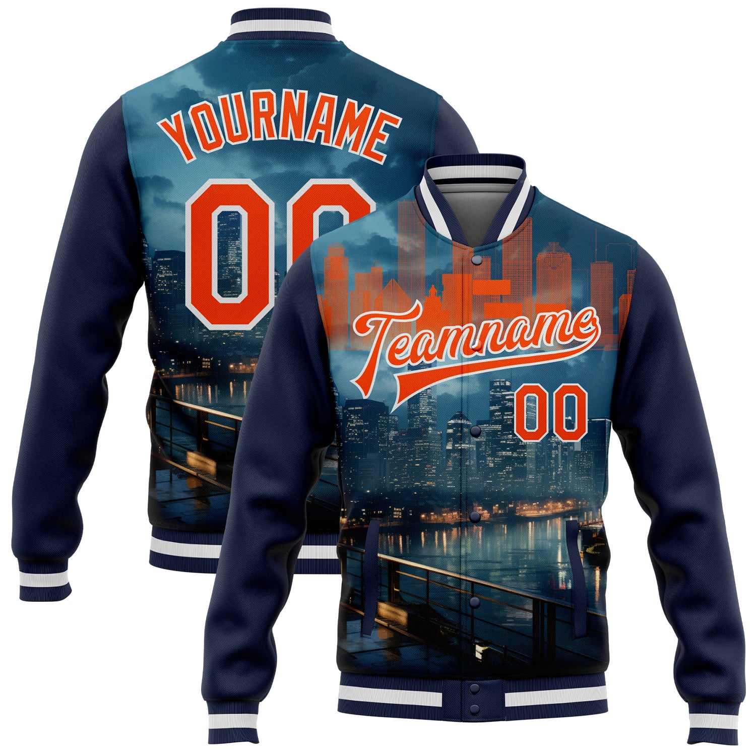Custom Houston Texas 3D Bomber Varsity Jacket in Navy Orange-White with Personalized Name and Number - Full-Snap Letterman Jacket
