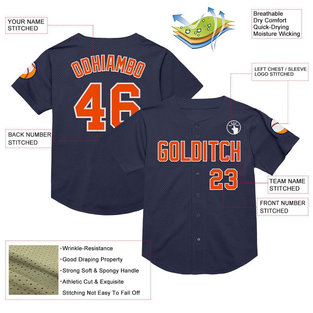 Personalized Navy Orange-White Mesh Authentic Throwback Baseball Jersey Personalized Throwback Baseball Jersey in Navy, Orange, and White Mesh Style Personalized Navy Orange-White Mesh Authentic - Image 3