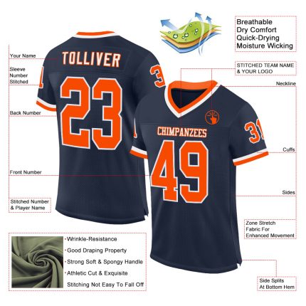 Personalized Navy Orange-White Football Jersey - Authentic Throwback Mesh Jersey Personalized Navy Orange-White Mesh Authentic