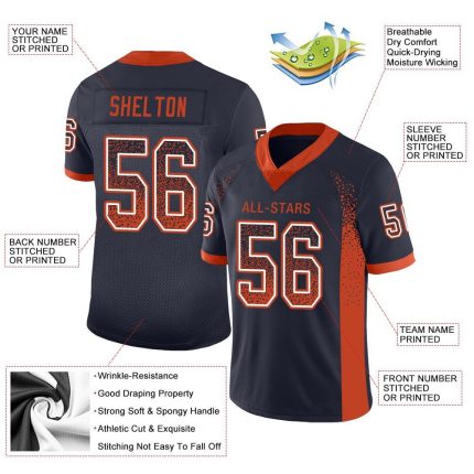 Custom Name and Number Personalized Navy Orange-White Football Jersey for Team - Mesh Drift Fashion Personalized Navy Orange-White