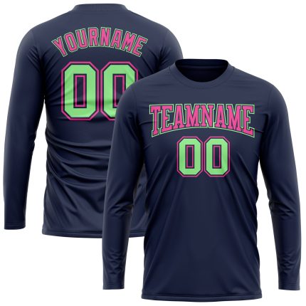 Personalized Navy Pea Green-Pink Long Sleeve T-Shirt with Custom Name and Number, Salute to Service Design Personalized Navy