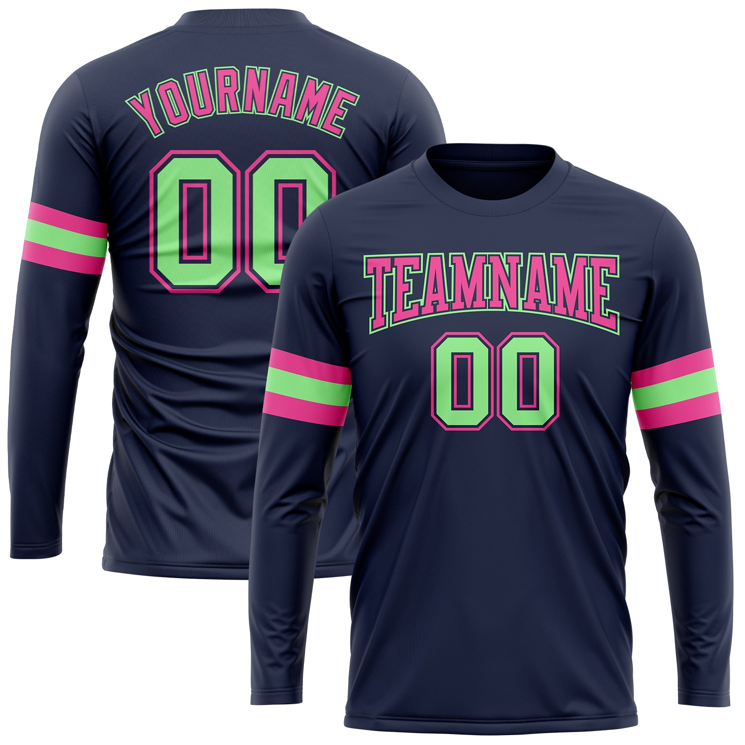 Personalized Navy Pea Green-Pink Long Sleeve T-Shirt with Custom Name and Number, Salute to Service Design Personalized Navy