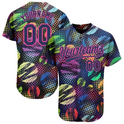 Custom Name and Number Personalized Baseball Jersey with Navy Pink 3D Abstract Halftone Circles Zigzag Design Personalized