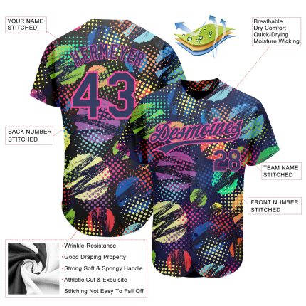 Custom Name and Number Personalized Baseball Jersey with Navy Pink 3D Abstract Halftone Circles Zigzag Design Personalized
