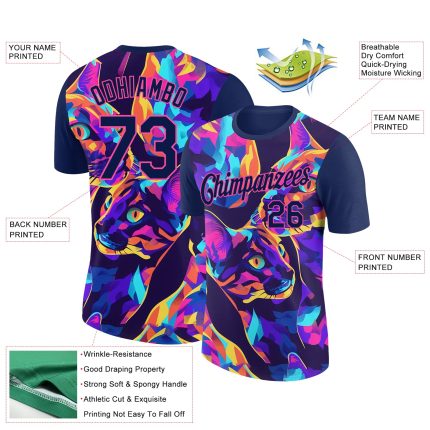 Custom Cat Performance T-Shirt with 3D Navy Pink Pattern, Team Name & Number Personalized Navy Pink 3D Pattern Design Rave
