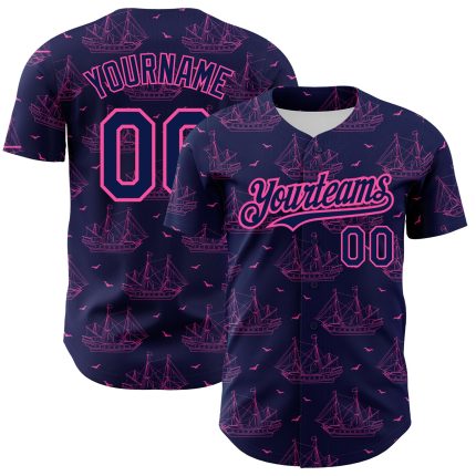 Personalized Baseball Jersey Custom Name Number Navy Pink 3D Ship Frigate Seagulls Design Personalized Navy Pink 3D Pattern