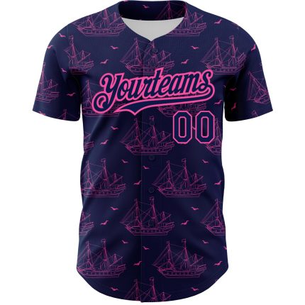 Personalized Baseball Jersey Custom Name Number Navy Pink 3D Ship Frigate Seagulls Design Personalized Navy Pink 3D Pattern