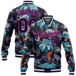 Personalized Navy Pink Floral Varsity Letterman Jacket with Custom Name and Number - 3D Full-Snap Design Personalized Navy