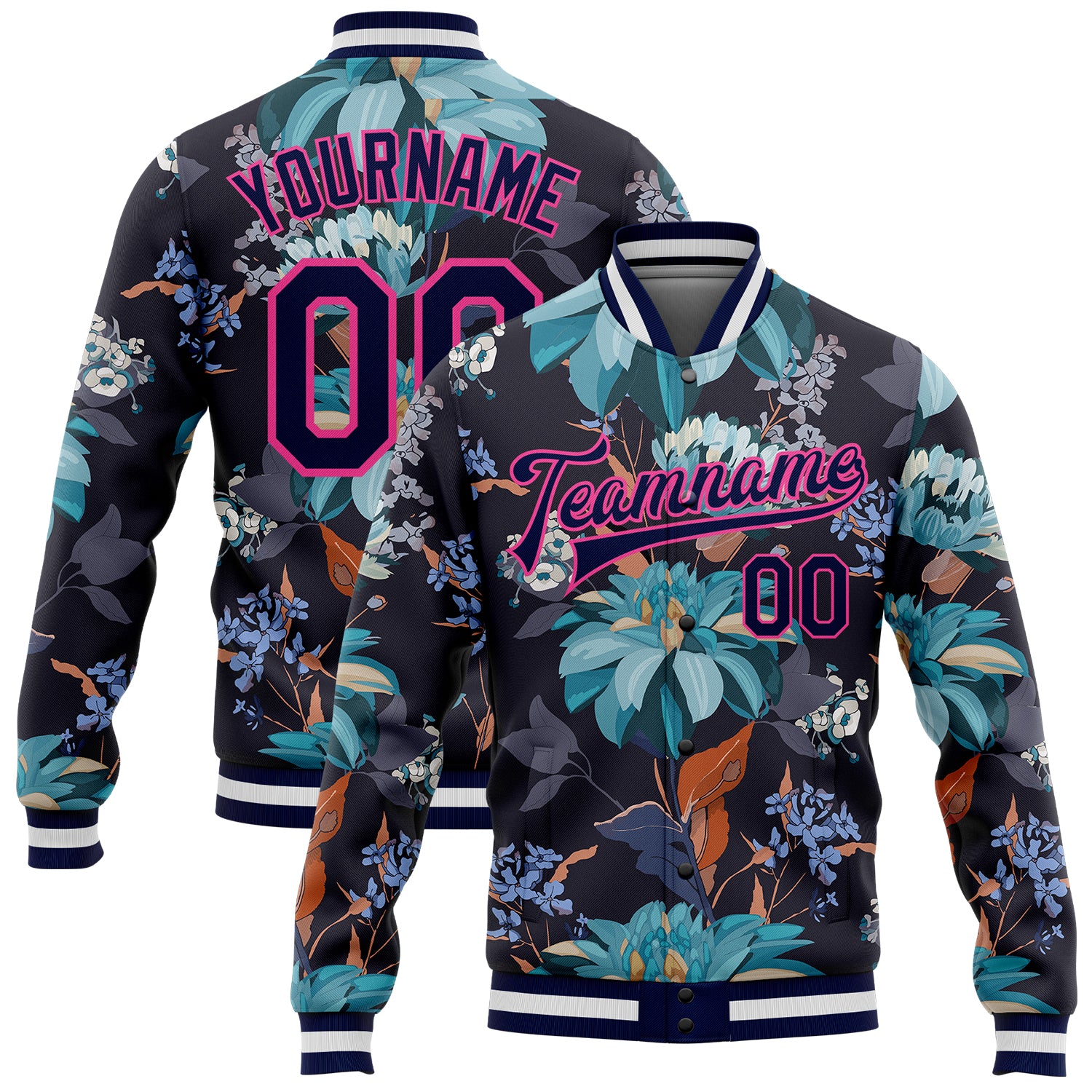 Personalized Navy Pink Floral Varsity Letterman Jacket with Custom Name and Number - 3D Full-Snap Design Personalized Navy