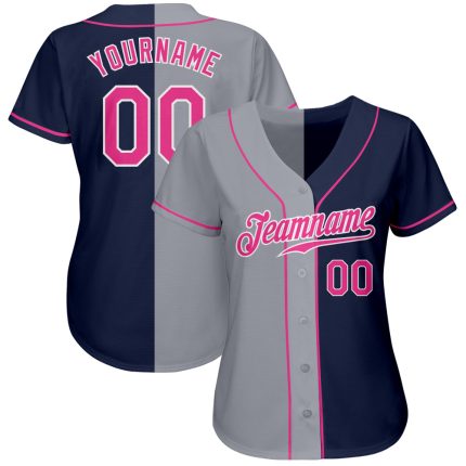 Custom Name and Number Personalized Baseball Jersey - Navy Pink-Gray Authentic Split Fashion Team Jersey Personalized Navy