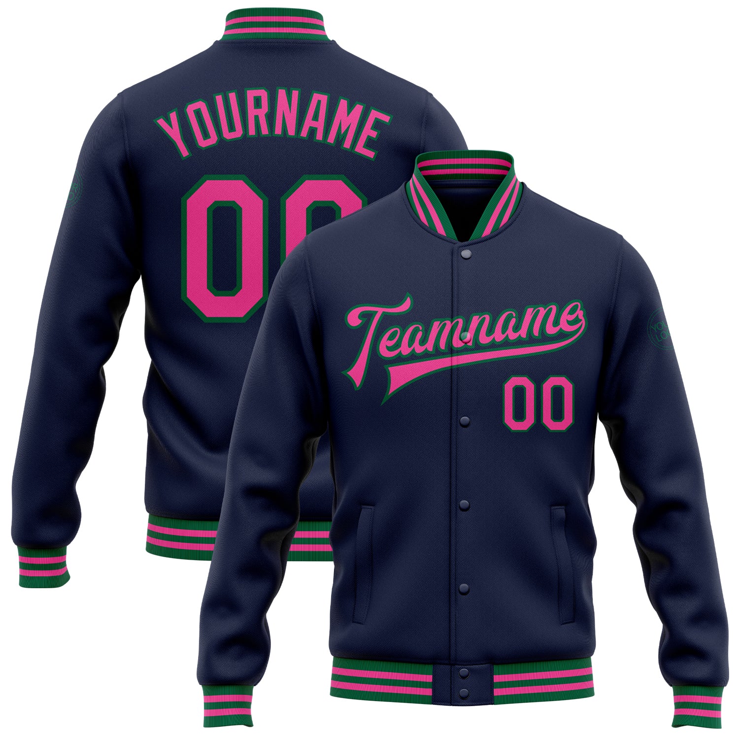 Custom Name Number Varsity Letterman Jacket Navy Pink Kelly Green Bomber Full-Snap Personalized Team Apparel Personalized