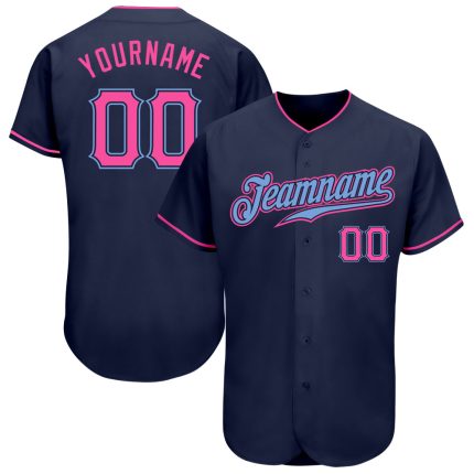 Custom Name and Number Authentic Baseball Jersey - Personalized Navy Pink Light Blue Design Personalized Navy Pink-Light