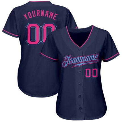 Custom Name and Number Authentic Baseball Jersey - Personalized Navy Pink Light Blue Design Personalized Navy Pink-Light