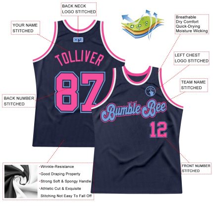 Custom Personalized Basketball Jersey - Navy Pink Light Blue Throwback with Team Name and Number Personalized Navy Pink-Light