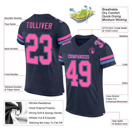 Personalized Custom Name and Number Football Jersey in Navy Pink-Light Blue Mesh for Team Use Personalized Navy Pink-Light