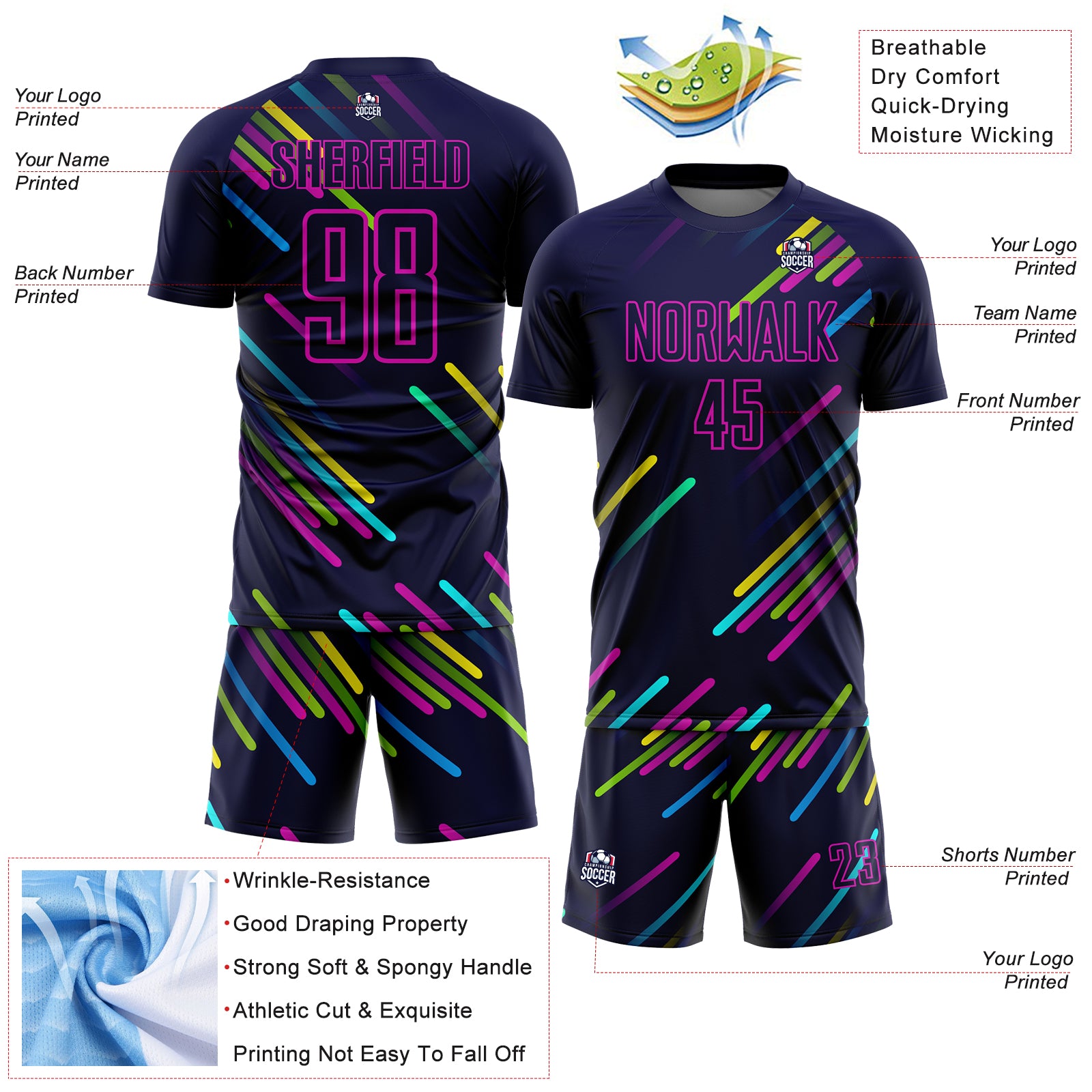 Personalized Navy Pink Lines Sublimation Soccer Uniform Jersey Team Custom Name and Number Custom Name & Number Soccer Jersey Personalized Navy & Pink Lines Design, Team Uniform Personalized Navy Pink Lines Sublimation - Image 4