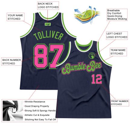 Custom Name and Number Personalized Basketball Jersey in Navy Pink Neon Green - Authentic Throwback Design Personalized Navy