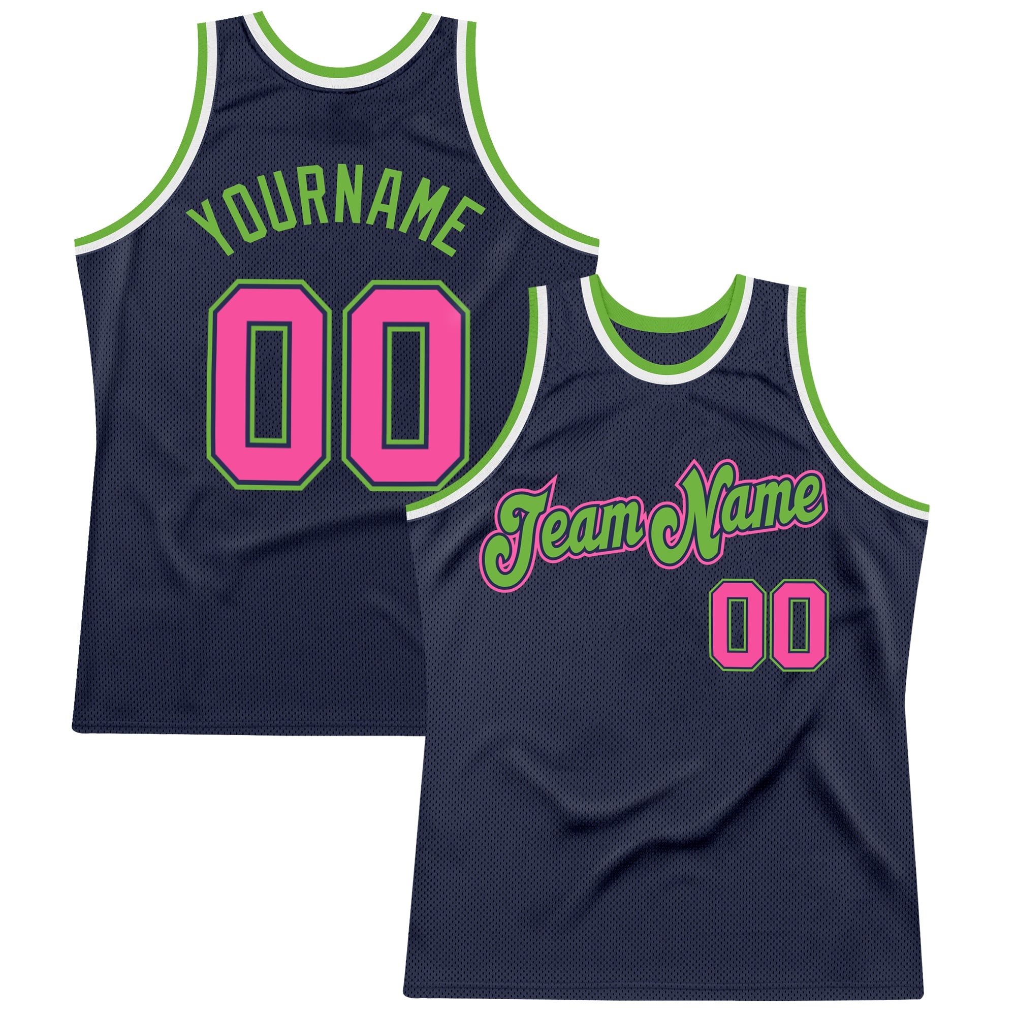 Custom Name and Number Personalized Basketball Jersey in Navy Pink Neon Green - Authentic Throwback Design Personalized Navy