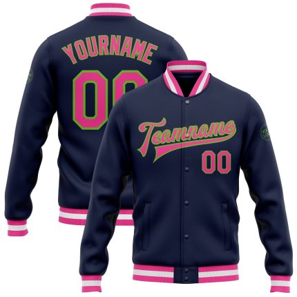 Custom Name & Number Varsity Jacket - Personalized Navy Pink Neon Green Bomber Full-Snap Letterman Jacket Personalized Navy