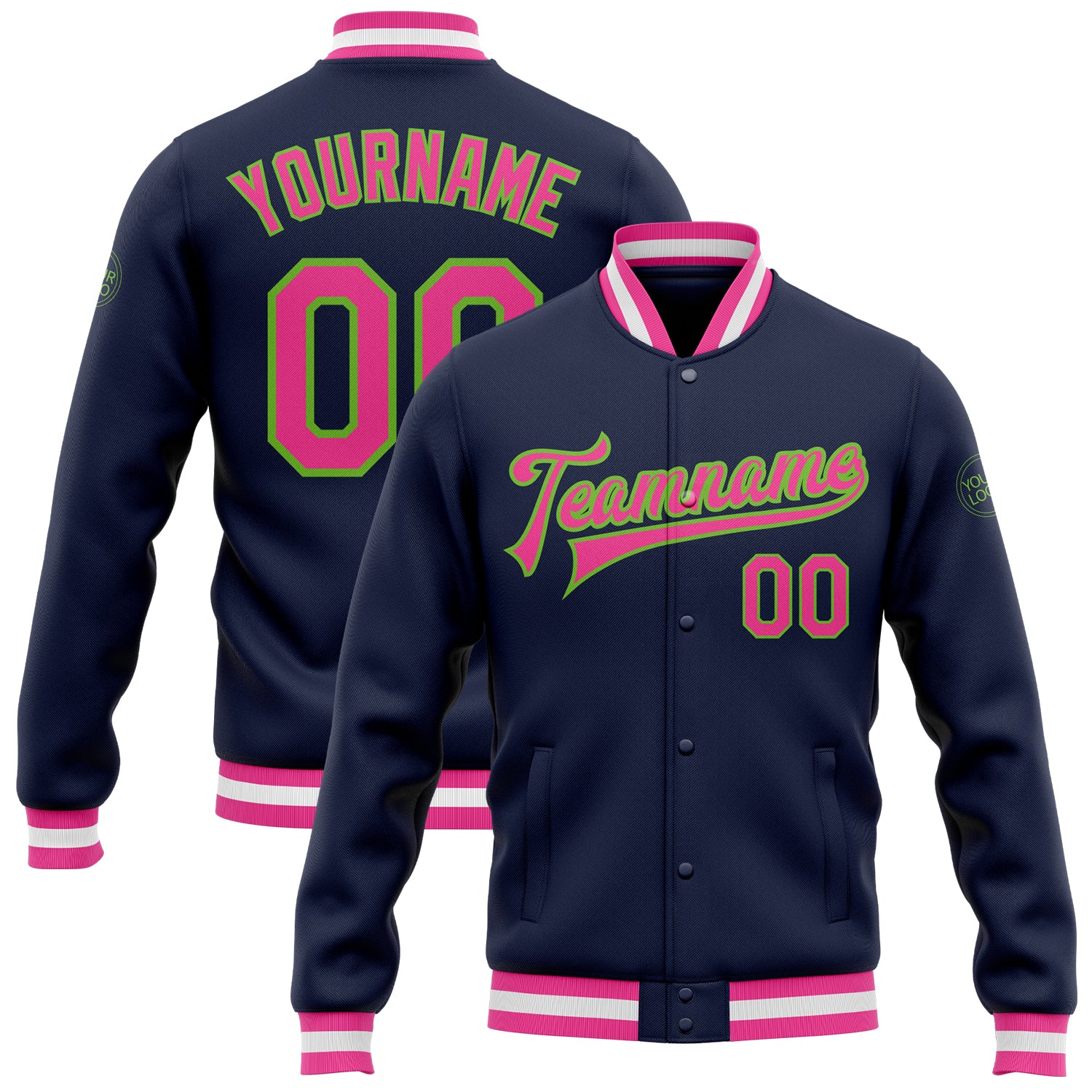 Custom Name & Number Varsity Jacket - Personalized Navy Pink Neon Green Bomber Full-Snap Letterman Jacket Personalized Navy